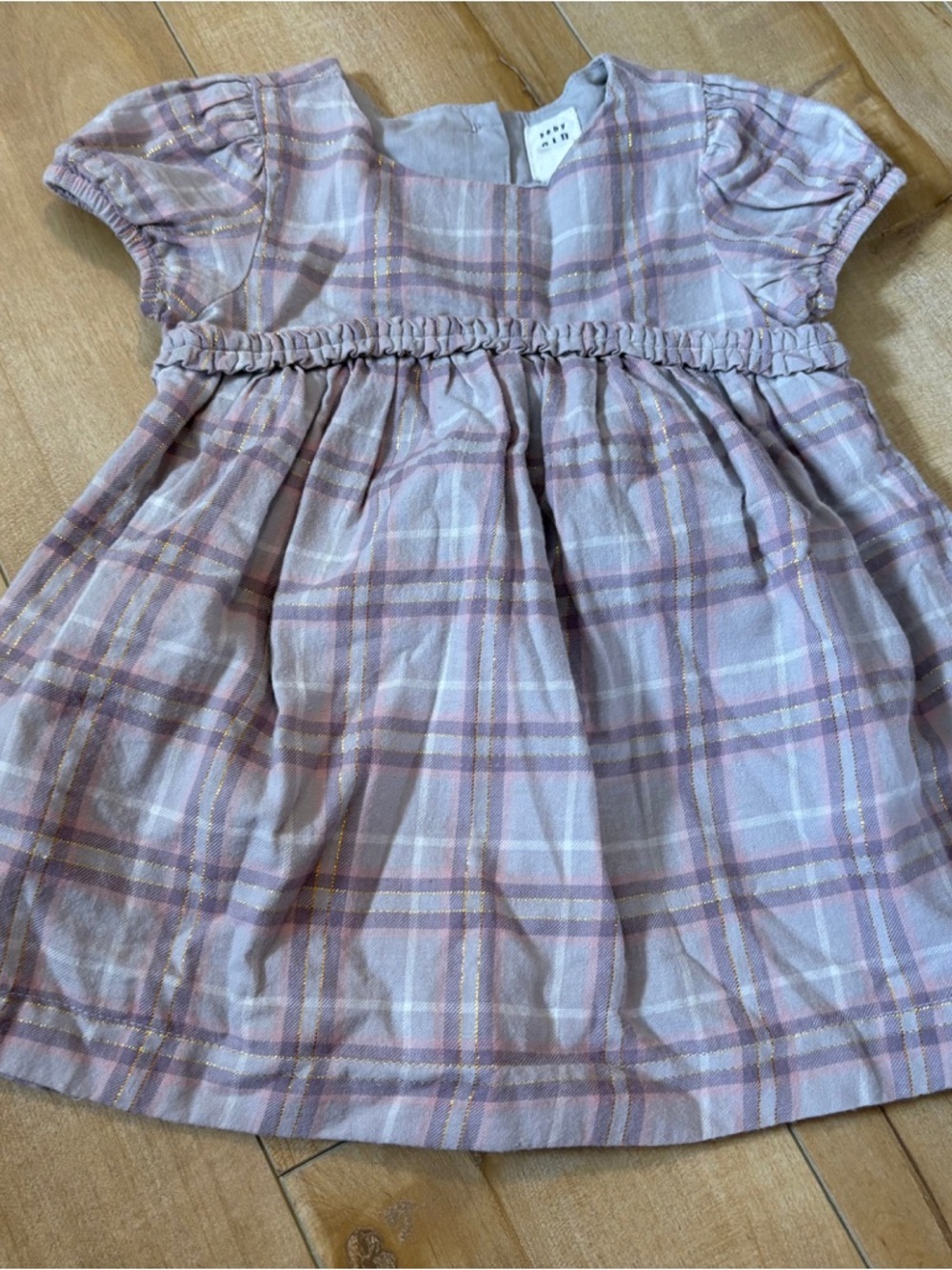 GAP Plaid Ruffle Waist Dress in Lavender and Pink with Gold Threading